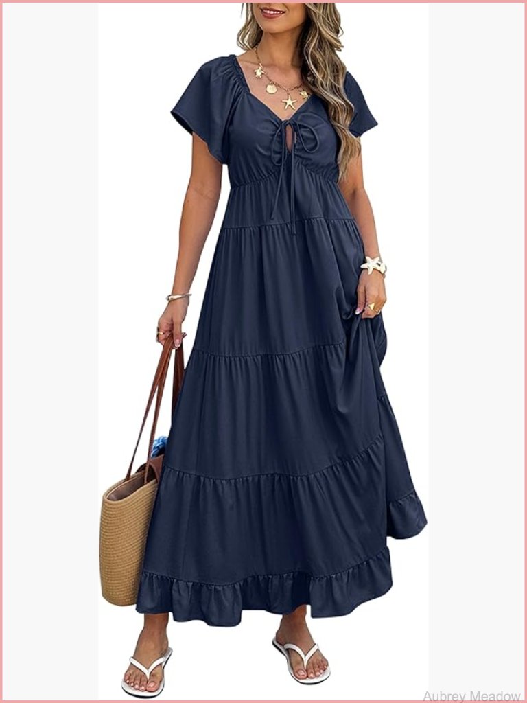 Flutter Short Sleeve V Neck Tie Front Maxi Dress With Pockets